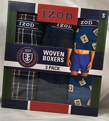 Izod 3 Woven Boxers S Blue Solid, Plaid, Logo Word Tile Print w/ Fly SHIPS FREE! - Image 1 of 4
