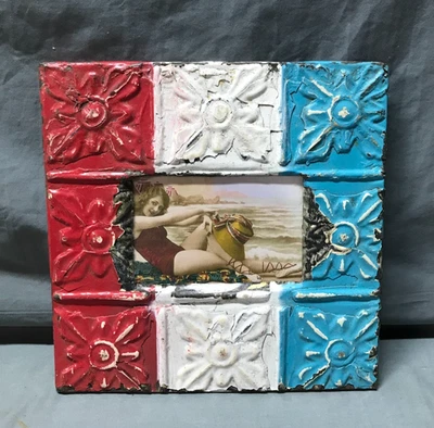 Винтажные потертые 11 дюймов кв.  Декоративная оловянная металлическая рамка для картин 4x6 старая 1700-25B - Изображение 1 из 4