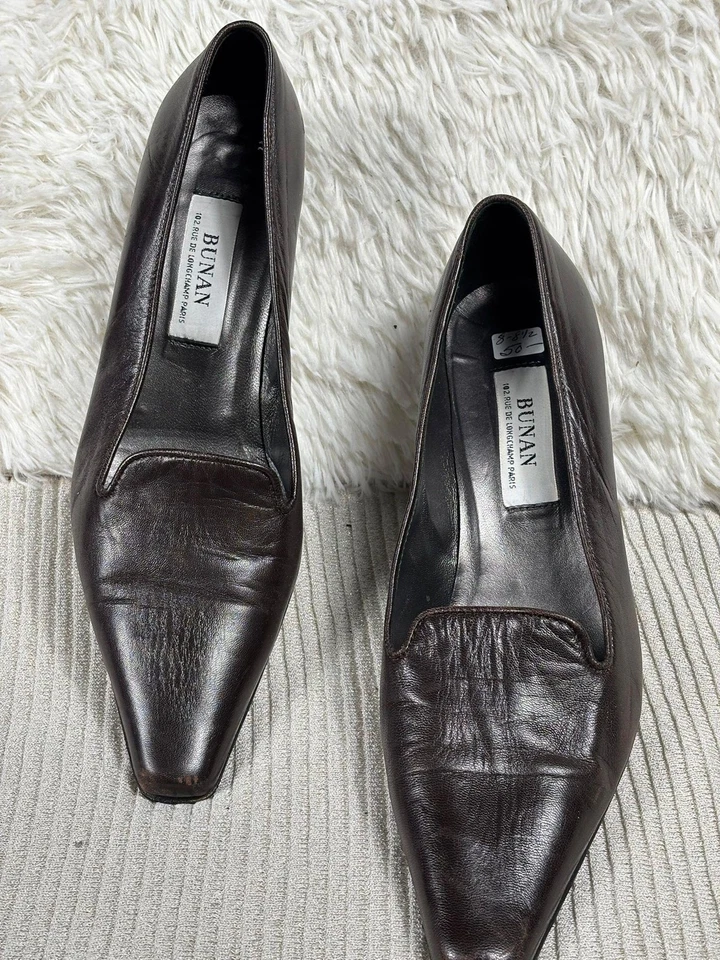 Zapatos de salón Bunan para mujer talla 8,5 cuero marrón sin cordones tacón de gatito hechos en Italia Foto 1 de 4