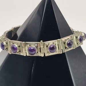 Vintage Mexico Amethyst Cabochon Bracelet Sterling Silver Link 925 Heavy Sz 7 - Picture 1 of 15