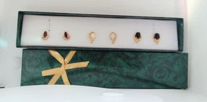 Earrings 3 Pairs Gold Tone Genuine Stones Gift Box Birthstone Garnet Pearl Onyx - Picture 1 of 14