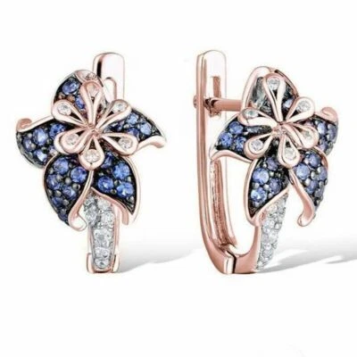 Aretes de lirio bonitos para mujer de plata un par/conjunto de aretes de circón azul para Foto 1 de 4