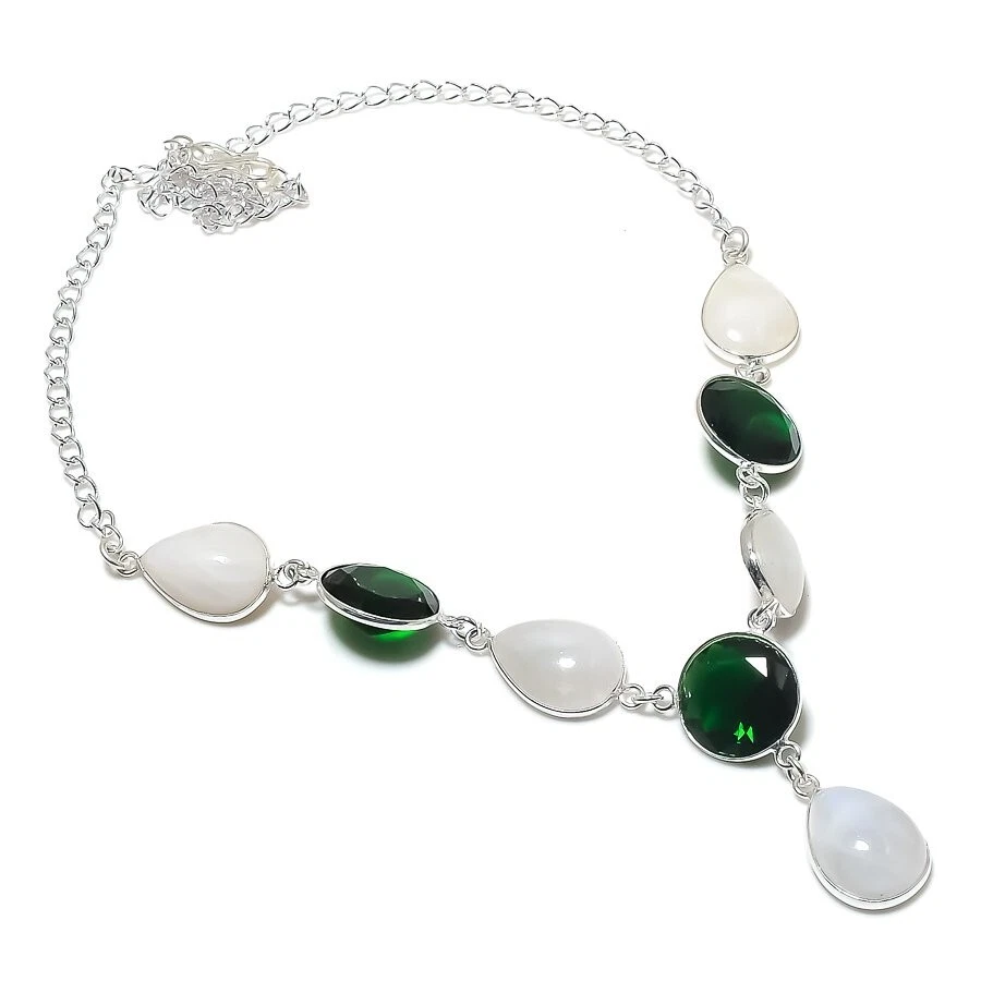 Collar de joyería de plata de ley 925 con piedras preciosas de luna y diopsido tamaño 18" Foto 1 de 1