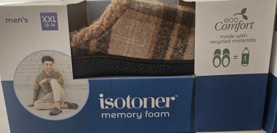 Isotoner 男式记忆泡沫缓冲生态舒适拖鞋 XXL - 2X 格子 — 第 1/1 张图片