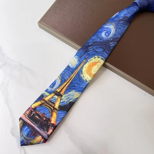 Eiffel Tower Starry Night Mens Slim Tie - Van Gogh - Paris France - Picture 1 of 3