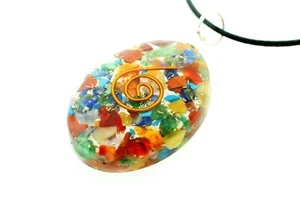 Natural Chakra Gemstone Orgone Pendant Oval + Cord Necklace EMF & 5G Protection - Picture 1 of 12
