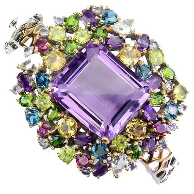 925 Sterling Silver Bangle Octagon Amethyst 59 Ct Topaz Handmade Gem 6.5 In Rare - Image 1 of 4