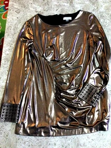 Calvin Klein Women's Sz 12 Copper Metallic long Sleeve Shimmer Mini Dress ruched - Picture 1 of 11