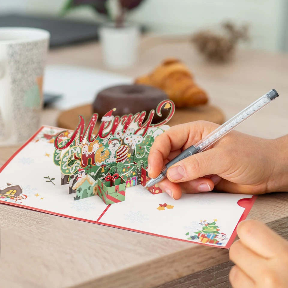 2 peças cartões pop-up feitos à mão - Feliz Natal desejos festivos para amigos da família - Imagem 1 de 4