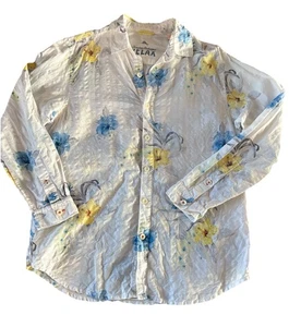 Camicia Tommy Bahama Relax con bottoni taglia media lino bianco blu giallo floreale - Foto 1 di 23
