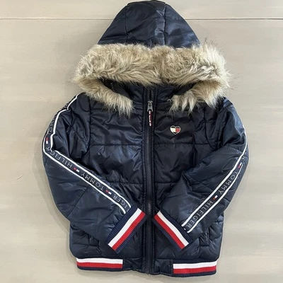 Tommy Hilfiger Unisex Kids Puffer Coat Jacket Hood Faux Fur Heart Logo 6X Blue - Image 1 of 4