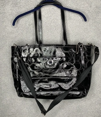 Coach Bag F19256 Signature Stitched Black Patent Lg. Leather Diaper Tote Laptop - Image 1 of 4