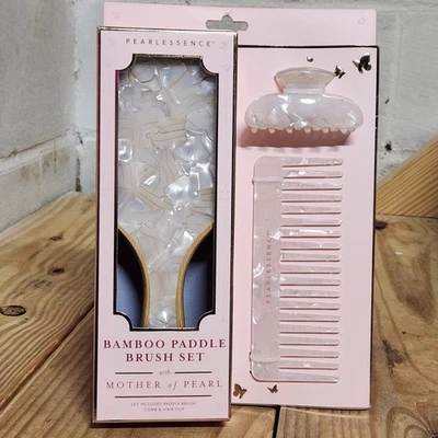 Pearlessence Bamboo Paddle Brush Set W/ White Mother of Pearl Comb Hairclip NIB - Image 1 of 4