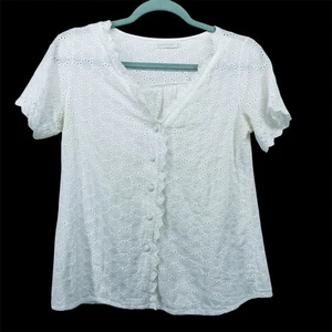 Size Small White Eyelet Ruffle Top Coqutte Romantic Blouse Short Sleeve Scallop - Picture 1 of 6
