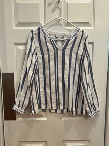 Pure Jill Damen kleine bestickte blau-weiße Tunika 100% Baumwolle Langarm - Bild 1 von 10