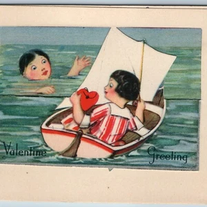 C1940s Lindo Niña Barco Pesca para Hombre Tarjeta de San Valentín Mar Troquelado Plegable Poema C54 - Imagen 1 de 5