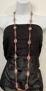 Treska silk ribbon lucite oval beads necklace long versatile Wear Single/double - Picture 1 of 11