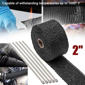 2" Black Exhaust Heat Wrap Roll for Motorcycle Fiberglass Heat Shield Tape w/Tie