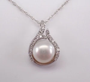 Weißgold Diamant und Perle Charm Anhänger Halskette Plättchen Kette - Bild 1 von 5