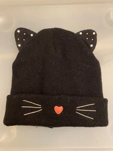 Target Toddler Girls Winter Rib Knit Beanie Hats One Size Black Kitty Rhinestone - Picture 1 of 6