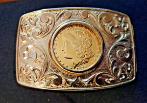 Western Gold Color Belt Buckle with Golden Replica Morgan Silver Dollar included - Picture 1 of 3