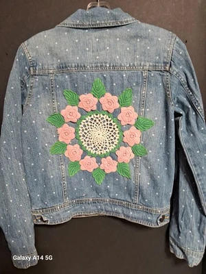 CHEROKEE Blue Denim Jacket Kid Junior Size 14/16 XL/TG Pretty  Crochet Decorated - Image 1 of 4