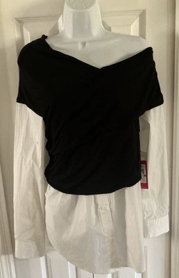 Blusa Vince Camuto envoltório frontal um ombro tamanho G franzida manga longa preta branca nova com etiquetas - Imagem 1 de 4