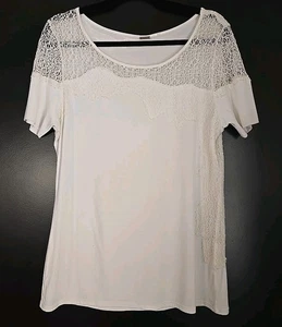 Top para mujer Elie Tahari blanco con ribete de encaje grande manga corta cuello redondo E7533514 - Imagen 1 de 10