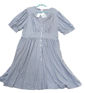 Neu mit Etikett Lularoe 2XL Skyler geknöpftes Kleid Taschen Puffärmel - bläulich/grau gestreift - Bild 1 von 5