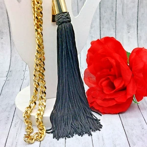 Marc Jacobs ‘Decadence’ Black Tassel Gold Tone Necklace Heavy Curb Chain 28" - Picture 1 of 8