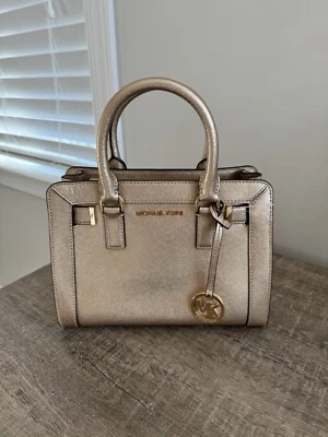 NWT MICHAEL KORS DILLON LEATHER TZ SM PALE GOLD SATCHEL SHOULDER HANDBAG - Image 1 of 4