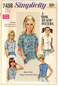 Simplicity 7458 Blouse w High Round Neckline, Bermuda or Notch Collar Sz 16 CUT - Picture 1 of 6