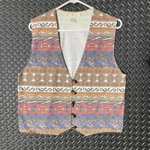 Vintage Cape Isle Knitters 70er Tribal geometrisches Muster braun Knopfleiste Weste XL - Bild 1 von 7