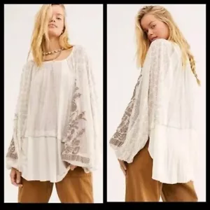 Free People Indigo Dreams Tunic Ivory Embroidered Long Sleeves M - Picture 1 of 10