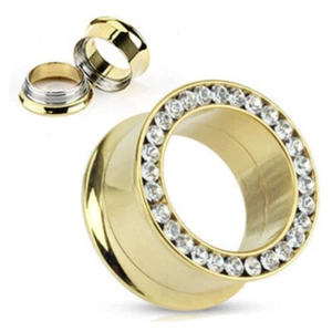 24k Gold Plated Double Flared Screw-on Plugs/Tunnels with CZ- 2 piece (A/3/3/22) - Picture 1 of 5
