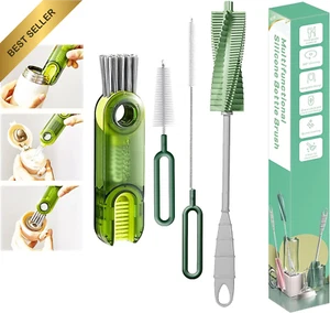 3-in-1 Water Bottle Cleaner Set, Silicone Brush & Straw Cleaner (Green) - Picture 1 of 12