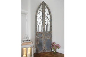 BEAUTIFUL RUSTIC WROUGHT IRON & WOODEN DOOR STYLE GARDEN MIRROR LARGE 3377 - Picture 1 of 9