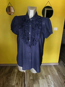 Pretty jabot blouse navy blue RALPH LAUREN size L excellent condition - Picture 1 of 6