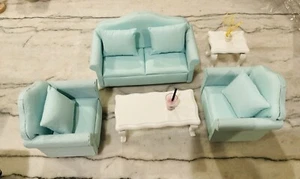 Juego de sofá miniatura para casa de muñecas de 8 piezas de buena calidad en azul marino patt escala 1:12 - Imagen 1 de 2