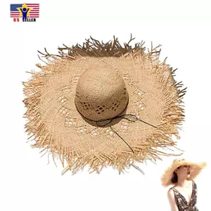 Woman Summer Outdoor Beach Cool Raffia Straw Hat Hollow Out Large Visor Brim U.S - Picture 1 of 9