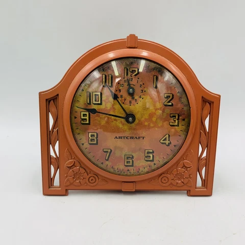Antique Art Deco Artcraft Alarm Clock READ needs Work Metal Enamel Convex Face Cover