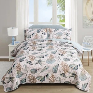 Strandbettwäsche Full/Queen Size leichte Küsten Tagesdecken Ozean Motiv, 3 Teile... - Bild 1 von 7