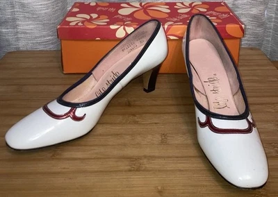 Vintage Life Stride Honeydew Pumps Heels White Red Blue w Box Receipt 1970s Mod - Image 1 of 4