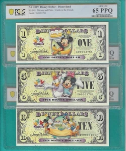 2009 Disney Dollar Mickey $1, $5, $10 Set of 3X Matching Notes PCGS Graded 64/65 - Picture 1 of 5
