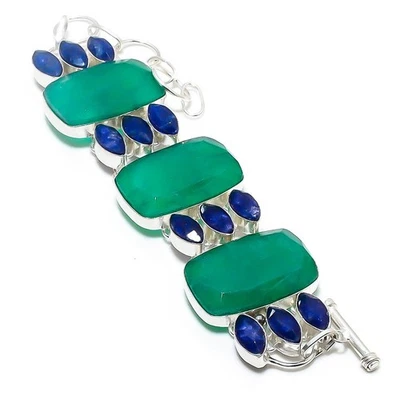 Grünes Simuliertes Blaues Jade Edelstein 925 Sterlingsilber Armband 7-8" - Bild 1 von 4