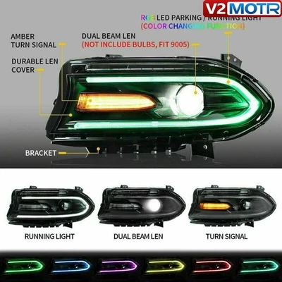 Pair VLAND LED DRL RGB Projector Headlights For Dodge Charger SRT GT 2015-2021 - Image 1 of 4