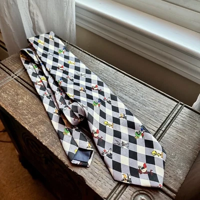 Vintage 2000 Looney Tunes Men's Neck Tie Black/White Plaid - Image 1 of 4