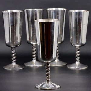 Crosby 5pc Silver Plated Flute Goblets Twisted Grapevine Stem SP S1008 Vintage - Picture 1 of 9