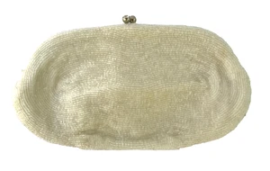 Bolso sin asas MAGID blanco con cuentas de vidrio cartera mano Kisslock vintage noche - Imagen 1 de 5