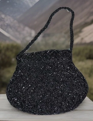 复古黑色串珠晚装包带串珠手柄。 "Flaws No Zipper"" — 第 1/4 张图片